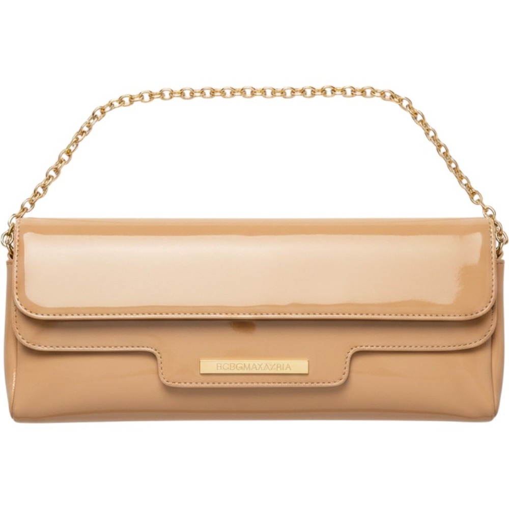 BCBGMAXAZRIA Tan Patent Leather Envelope Clutch Gold Chain Detail Bag